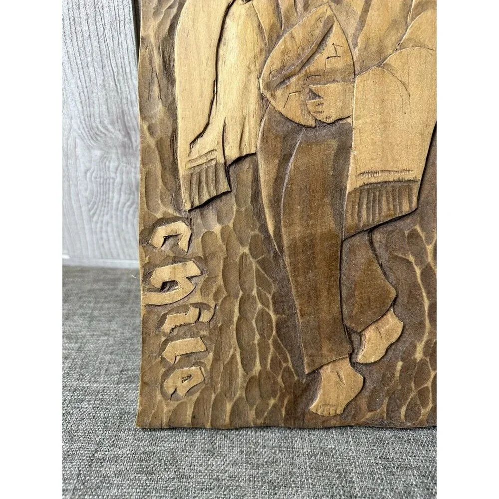 Chile Wood Carved Tribal Handmade Decor Set of 2 Chilean Man Woman Child